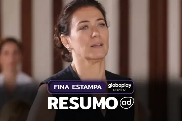 Griselda olhando série em cena da novela Fina Estampa no Globoplay Novelas, na arte do resumo