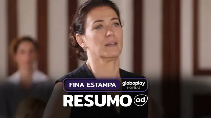 Griselda olhando série em cena da novela Fina Estampa no Globoplay Novelas, na arte do resumo