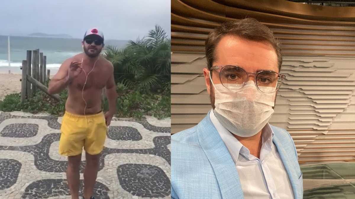 Marcelo Cosme na praia e nos estúdios da Globo