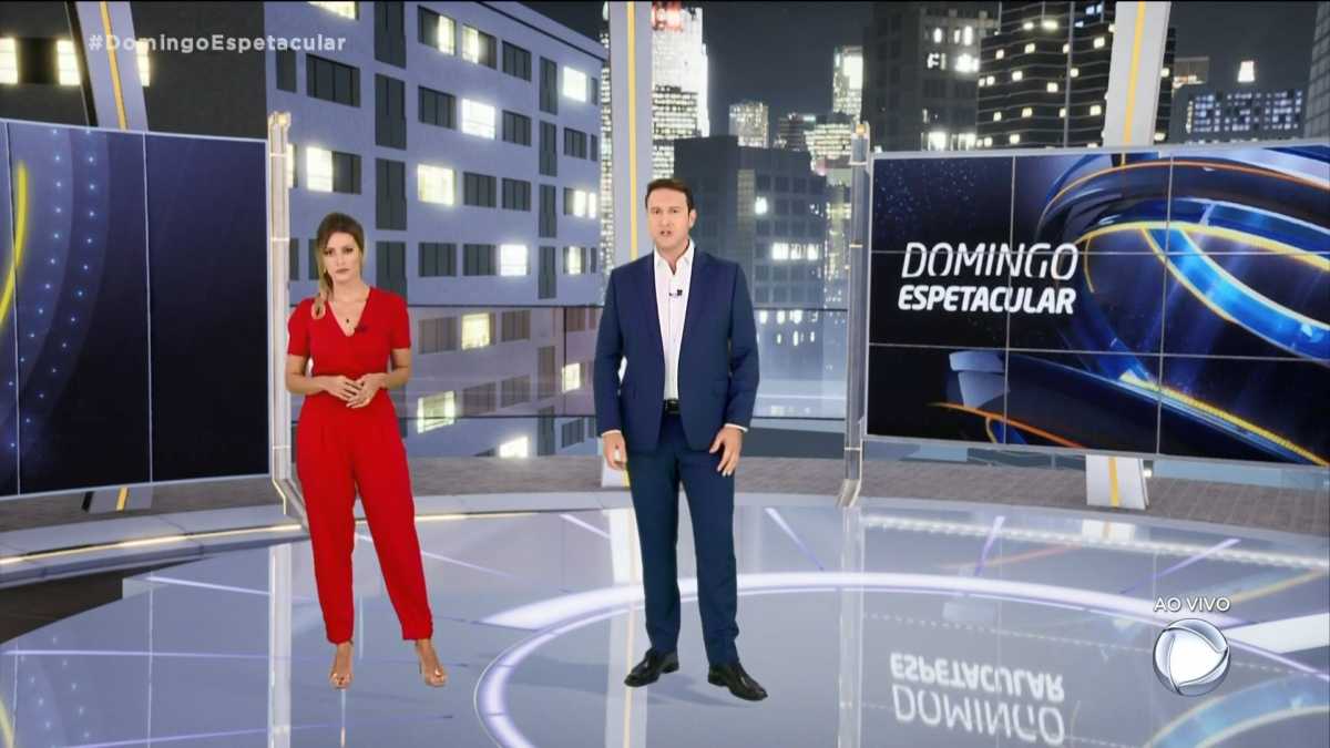 Patrícia Costa e Eduardo Ribeiro apresentando o Domingo Espetacular