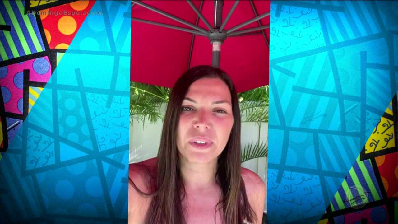 Madelyne Sanchez em vídeo gravado para o 'Domingo Espetacular'