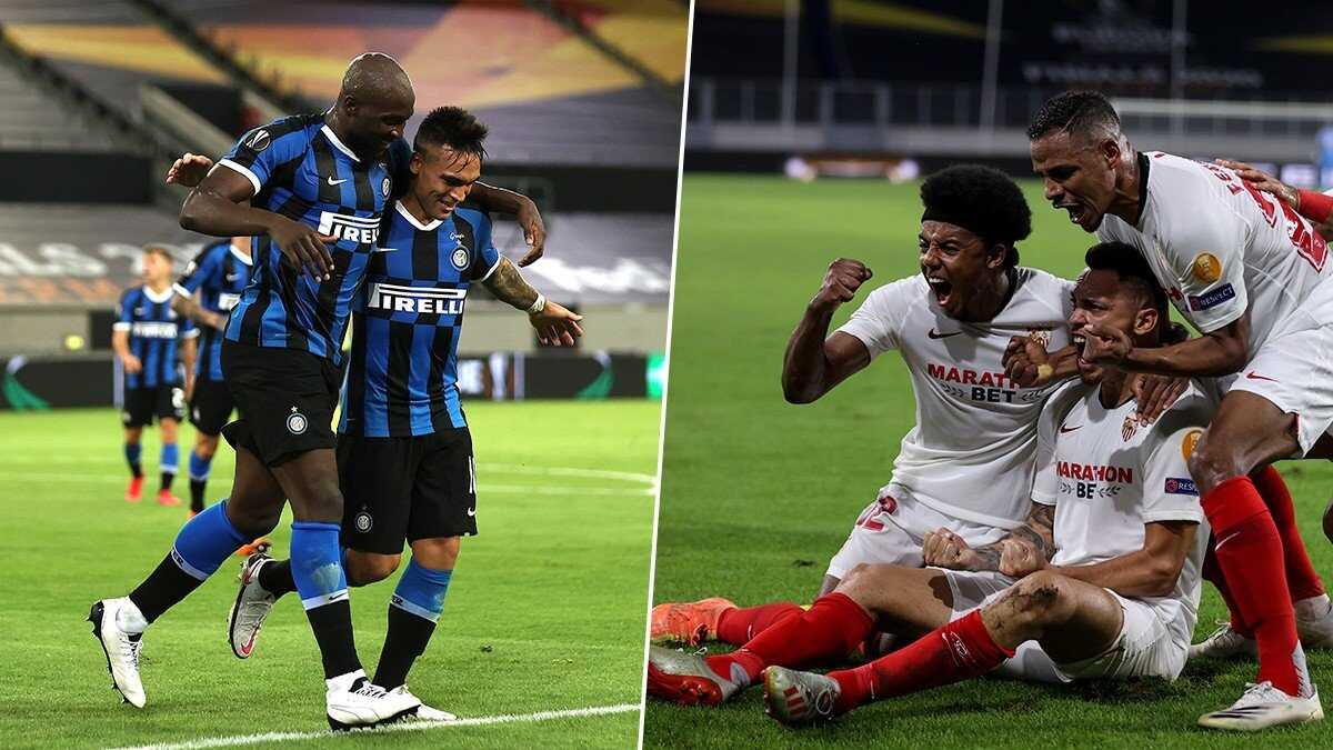 Montagem com os jogadores da Inter de Milão e do Sevilla durante os jogos da semifinal da competição