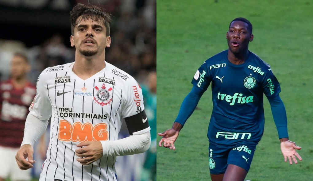 Jogadores Fagner e Patrick de Paula com as camisas de Corinthians e Palmeiras