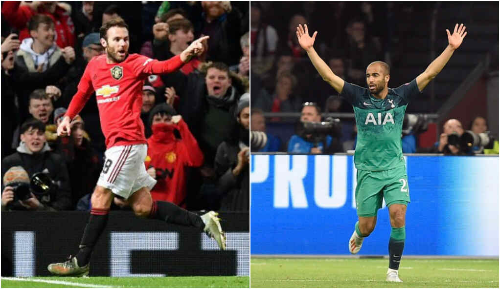 Jogadores Juan Mata e Lucas Moura com as camisas de Manchester United e Tottenham, respectivamente