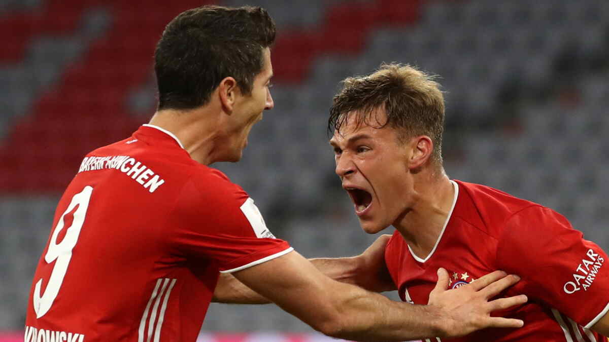 Lewandowski e Kimmich comemorando gol pelo Bayern de Munique
