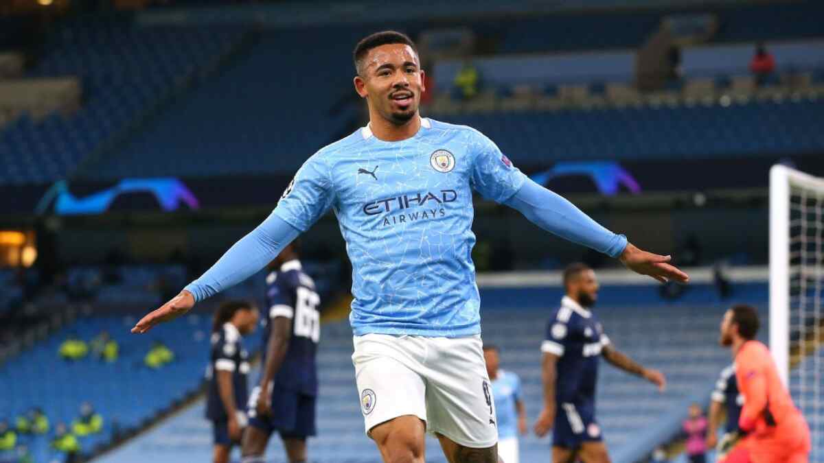 Brasileiro Gabriel Jesus comemorando gol pelo Manchester City na Lida dos Campeões