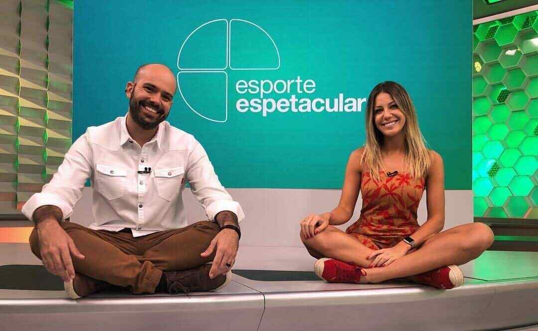 Lucas Gutierrez e Bárbara Coelho no estúdio do Esporte Espetacular