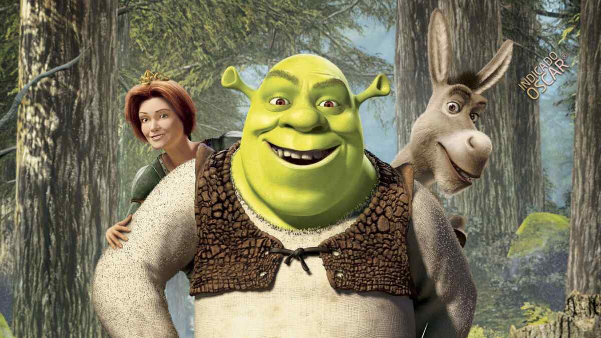 Fiona, Shrek e o burro no pôster de divulgação do filme