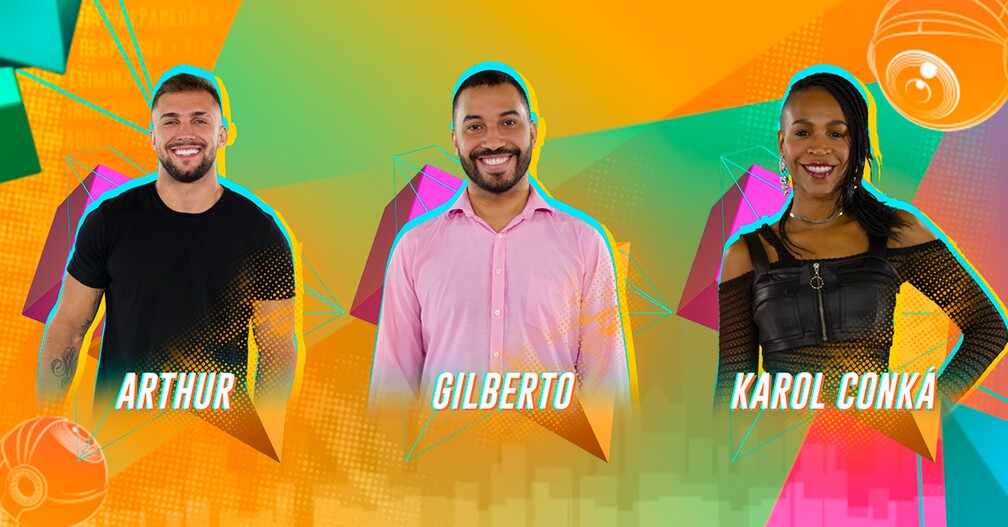 Artur, Gilberto e Karol em uma arte do quarto paredão do BBB 21