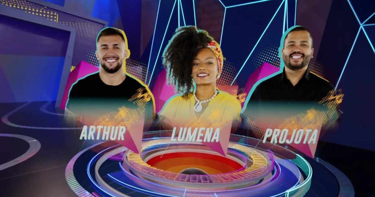 Arte com Arthur, Lumena e Projota no estúdio do BBB 21, em noite de formação do quinto paredão