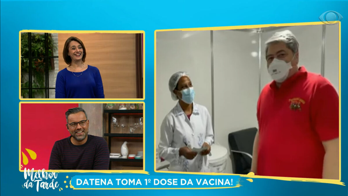 Trecho do momento da vacinação de Datena sendo repercutido no programa Melhor da Tarde, apresentado por Cátia Fonseca.