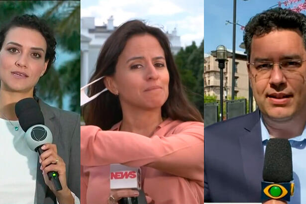 Evelyn Bastos da Record TV, Raquel Krähenbühl da TV Globo e Eduardo Barão da Band aparecem sem máscaras na TV