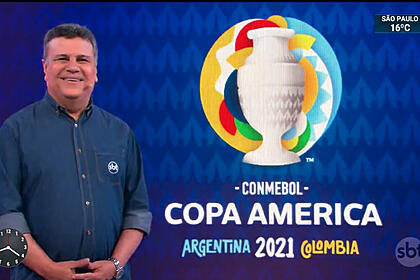 Téo José participando do SBT Brasil, ao vivo, para anunciar a Copa América 2021
