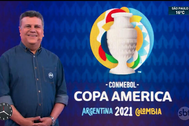 Téo José participando do SBT Brasil, ao vivo, para anunciar a Copa América 2021