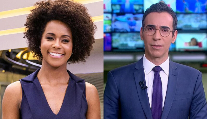 Jornalistas Maju Coutinho e Cesar Tralli em uma montagem