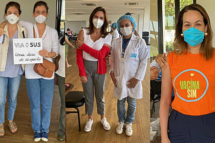 Jornalistas Renata Vasconcellos, Ana Paula Araujo e Maria Beltrão em uma montagem no momentos de vacinação