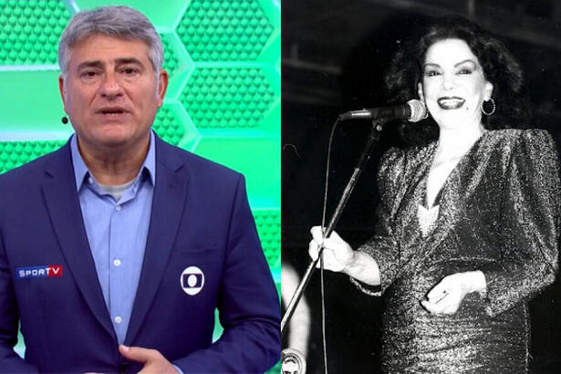 Narrador Cléber Machado e Emilinha Borba em uma montagem