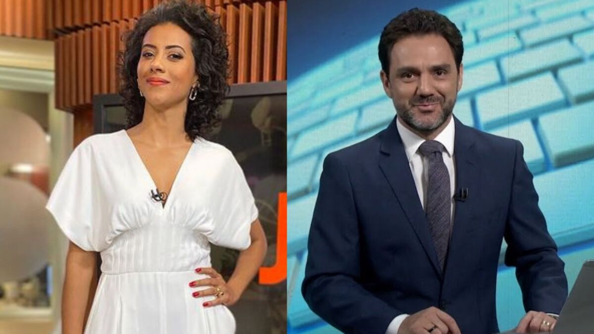 Aline Midlej nos estúdios do Jornal das Dez, na GloboNews, e Paulo Renato Soares durante uma edição do Brasil TV - montagem