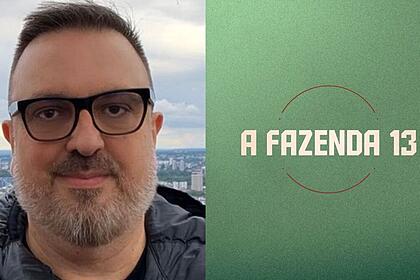 Rodrigo Carelli ao lado do logo de A Fazenda 13