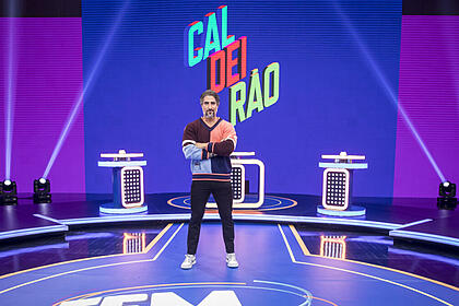 Marcos Mion nos estúdios do quadro 'Tem ou Não Tem' do programa Caldeirão, exibido pela TV Globo