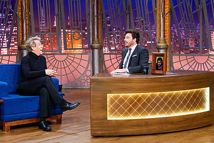 Eduardo Martini e Danilo Gentili nos estúdios do The Noite, no SBT, durante entrevista