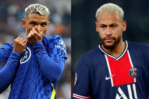 Thiago Silva com a camisa do Chelsea e Neymar com a camisa do PSG em uma montagem