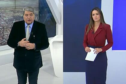 Datena nos estúdios do brasil urgente e paloma tocci no cenário do jornal da band - montagem