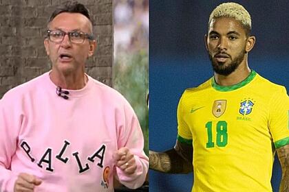 Neto, nos estúdios de os donos da bola na band, e douglas luiz, com a camisa da seleção brasileira, em montagem