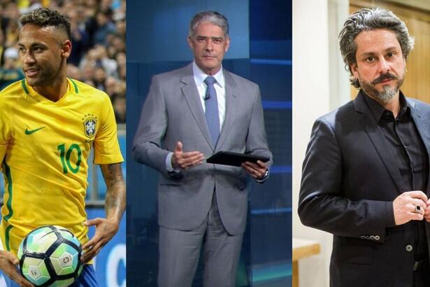 Neymar (com uma bola na mão), Bonner (com um tablet na mão no estúdio do Jornal Nacional) e Comendador (Alexandre Nero) da novela Império em uma montagem