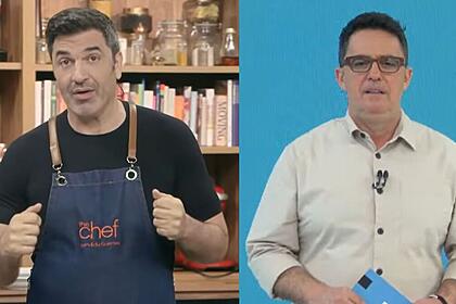 Edu Gudes no cenário do The Chef e Fernando Fernandes no cenário do Esporte Total - montagem