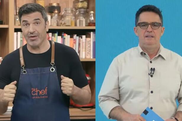 Edu Gudes no cenário do The Chef e Fernando Fernandes no cenário do Esporte Total - montagem