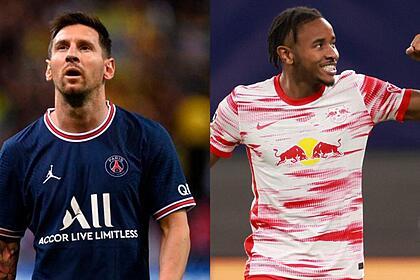 Messi, com a camisa do PSG, e Nkunku, com a camisa do Leipzig, em uma montagem