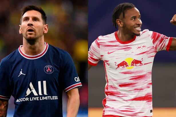 Messi, com a camisa do PSG, e Nkunku, com a camisa do Leipzig, em uma montagem