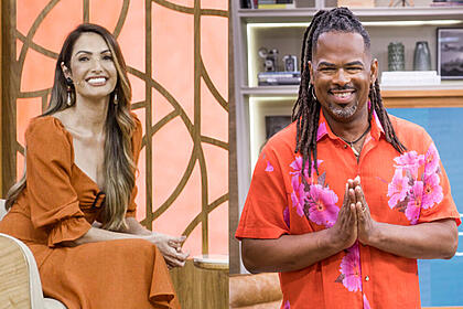 Patricia Poeta no cenário do Encontro com Fátima Bernardes e Manoel Soares no cenário do É de Casa. Eles sorriem nos bastidores dos programas