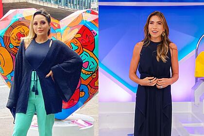 Ariany Rollim em foto posada na Avenida Paulista e Patrícia Abravanel, com um vestido azul, durante gravação do Programa Silvio Santos - montagem