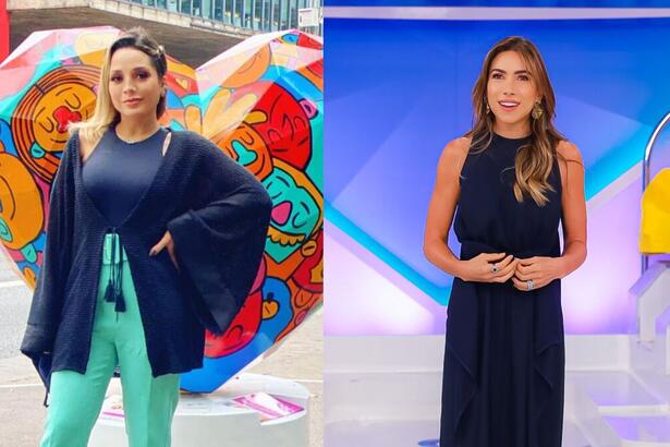Ariany Rollim em foto posada na Avenida Paulista e Patrícia Abravanel, com um vestido azul, durante gravação do Programa Silvio Santos - montagem