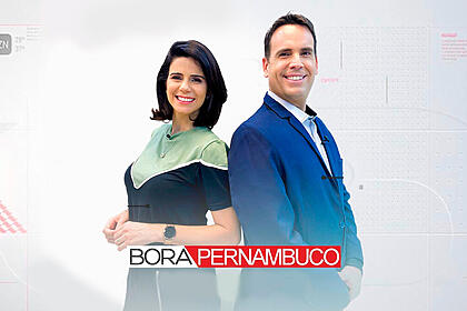Eliane nóbrega e eduardo moura lado a lado junto ao logo do bora pernambuco, telejornal da tv tribuna