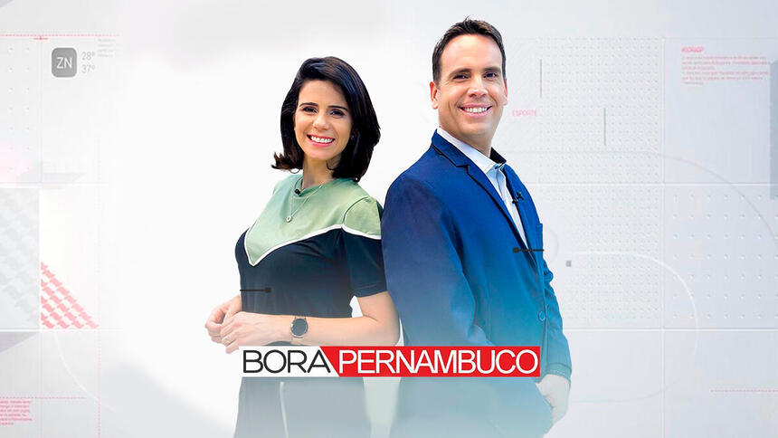 Eliane Nóbrega e Eduardo Moura lado a lado junto ao logo do Bora Pernambuco, telejornal da TV Tribuna
