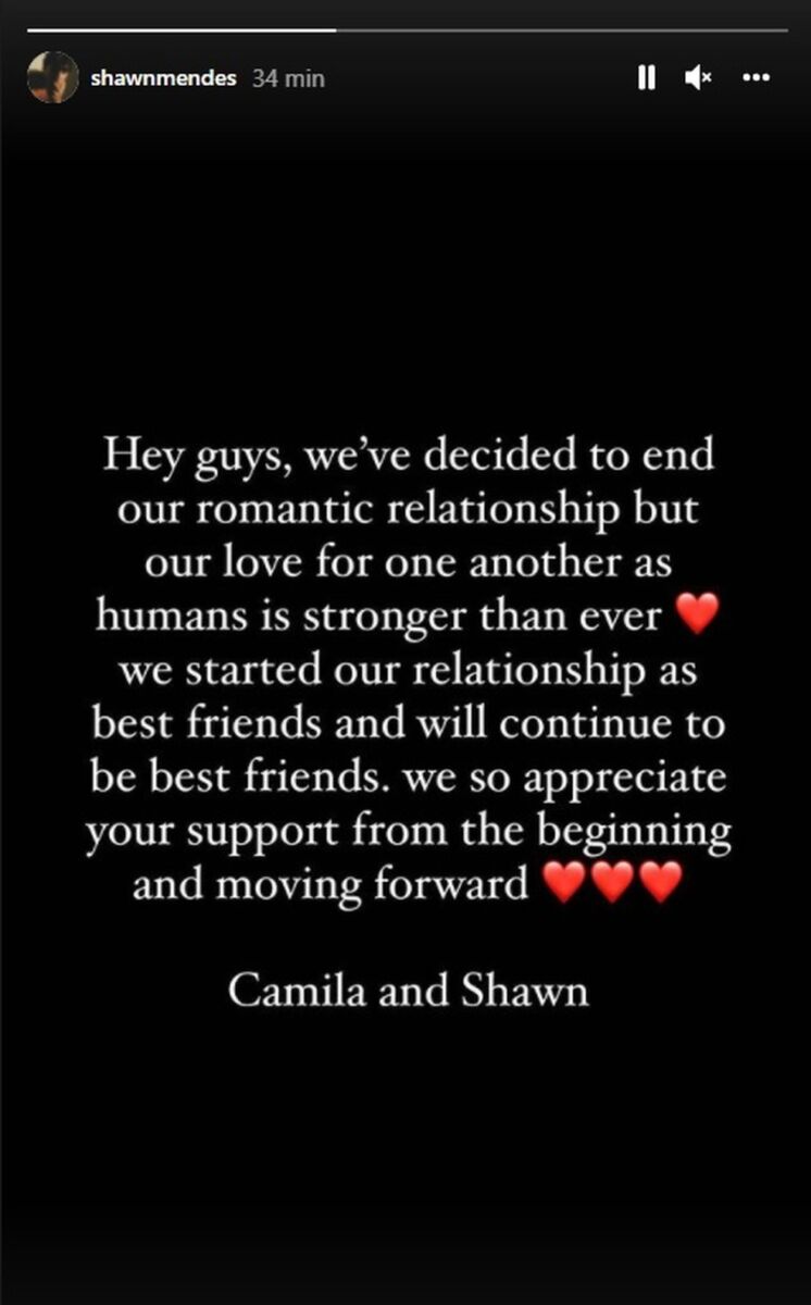 Print do story de Shawn Mendes anunciando o fim do relacionamento com Camila Cabello