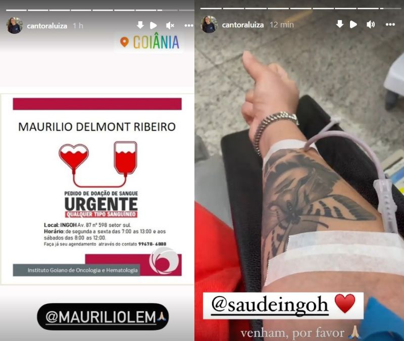 Dois prints dos stories de Luiza em uma montagem. O primeiro com o informativo do pedido de sangue. Já o segundo com o braço da cantadora aparecendo durante a doação
