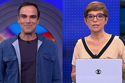 Tadeu schmidt nos estúdios do bbb, em montagem com renata lo prete sentada na bancada do jornal da globo