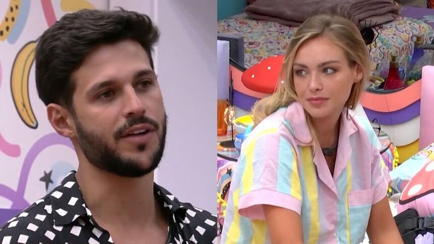 Rodrigo olha para Bárbara que está sentada no quarto do BBB 22