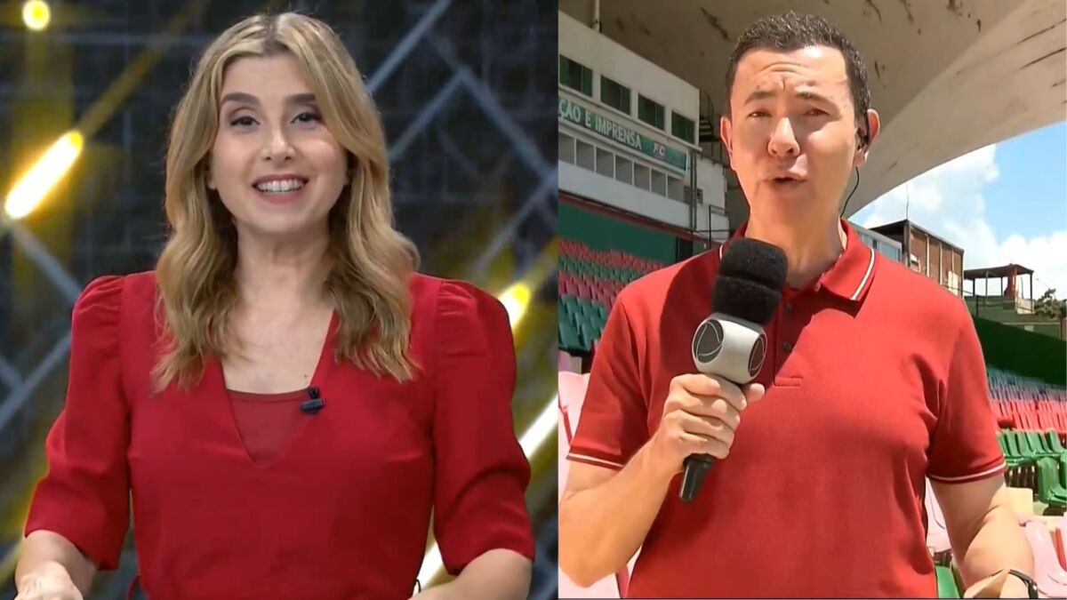 Mylena Ciribelli nos estúdios do Esporte Record no Rio de Janeiro. Lucas Pereira ao vivo do estádio Luso Brasileiro. Montagem