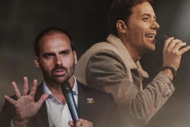 Eduardo Bolsonaro e André Valadão em anúncio de culto na Igreja Lagoinha de Orlando