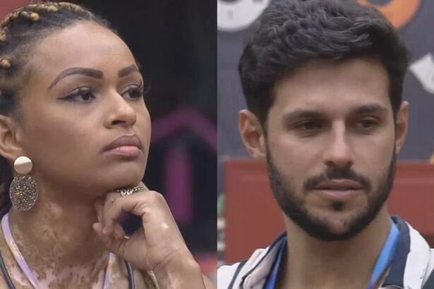Natália com a mão no queixo conversa com Rodrigo no quarto do BBB 22