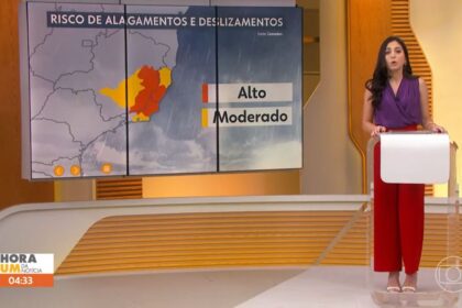 Cinthia Toledo em frente ao telão do Hora 1, durante o quadro da previsão do tempo