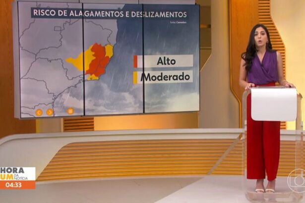 Cinthia Toledo em frente ao telão do Hora 1, durante o quadro da previsão do tempo