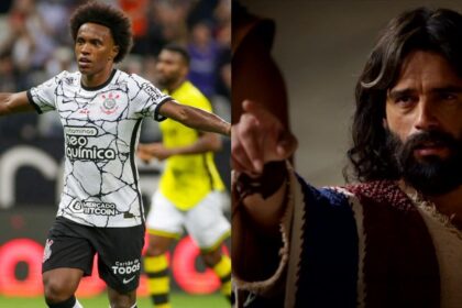 Willian comemorando gol com a camisa do corinthians, em jogo do paulistão, em uma montagem com guilherme winter (moíses) em cena da série a bíblia