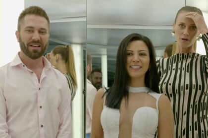 Lucas anderi e renata kuerten ao lada participante da semana no episódio do esquadrão da moda, exibido em 26 de fevereiro