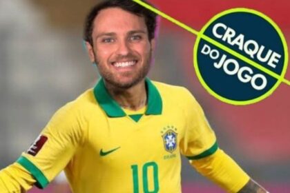 Lucas do BBB 22 em uma montagem com a camisa da seleção e o selo de craque do jogo